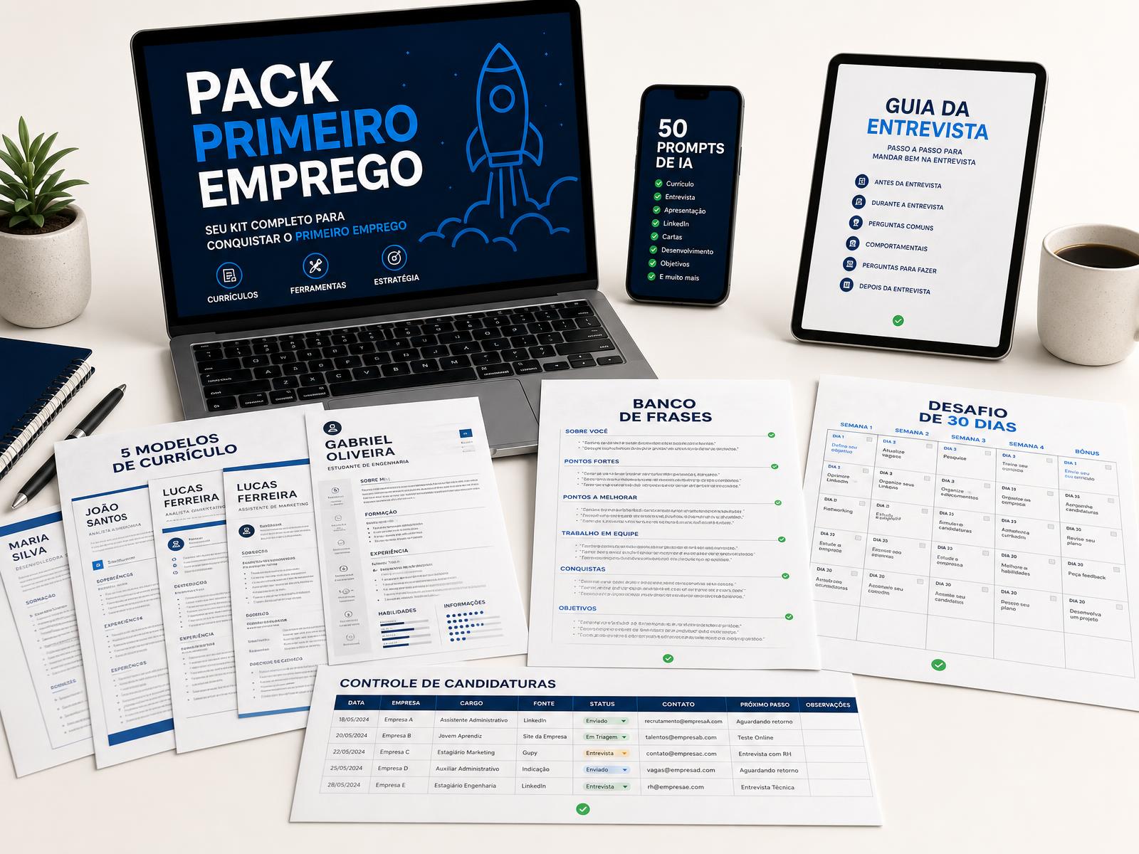 Mockup dos materiais do Pack Primeiro Emprego