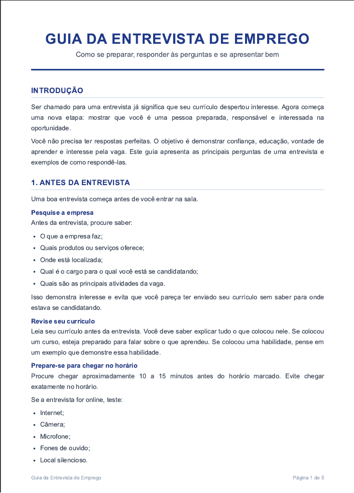 Página real do material: Guia da Entrevista de Emprego