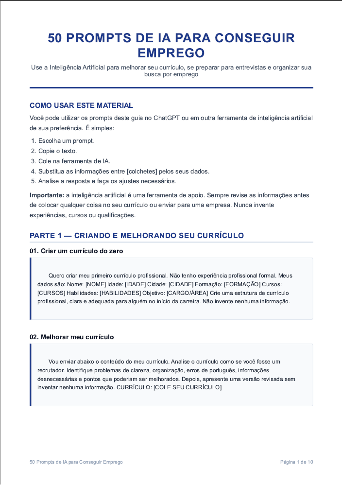 Página real do material: 50 Prompts de IA